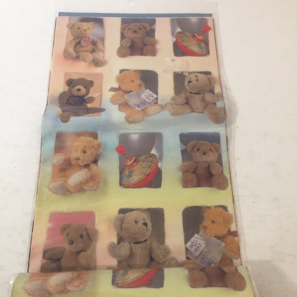 New vintage gift wrapping paper teddy bears spin tin top celebration 4 sheets